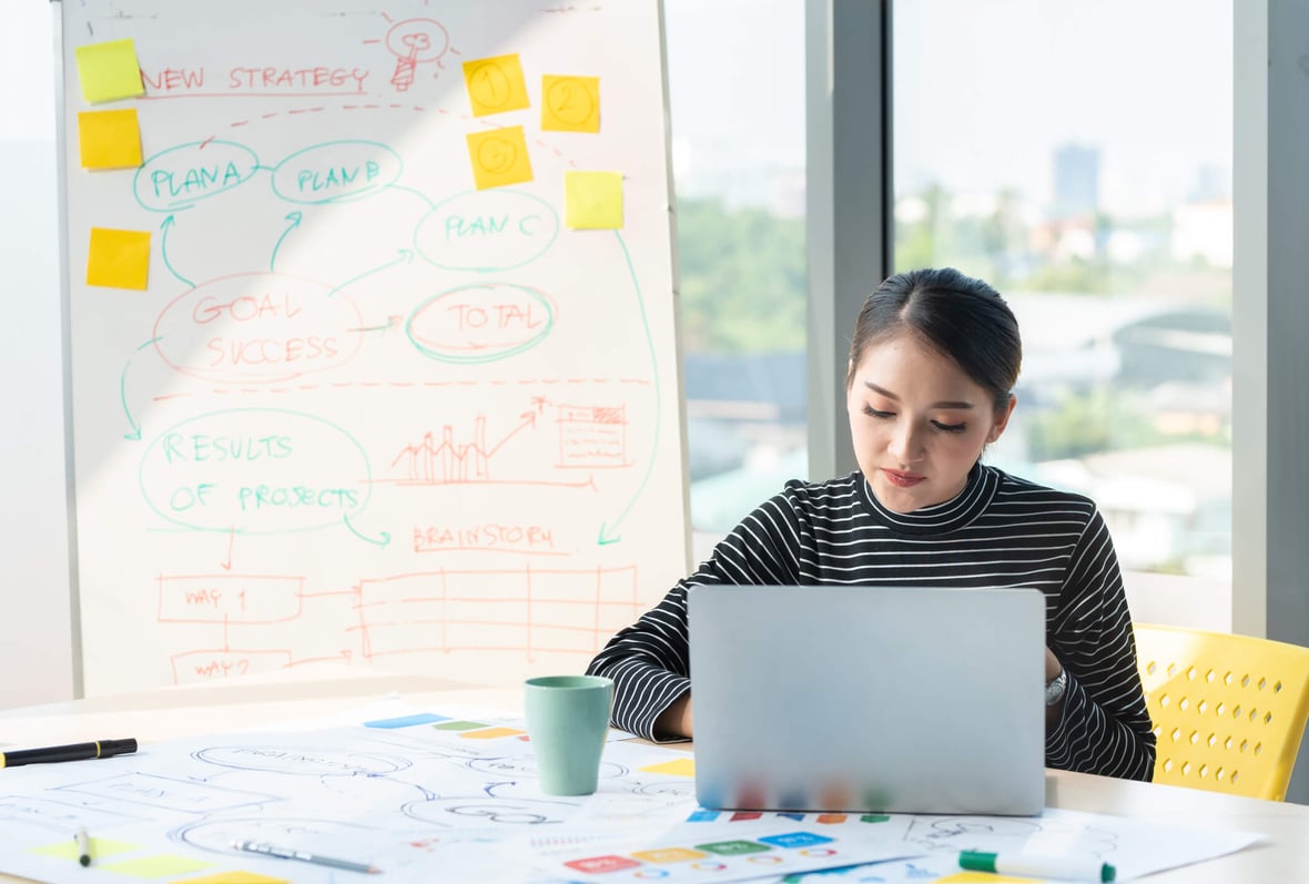 professional woman in a modern office running marketing experiments surrounded by graphs