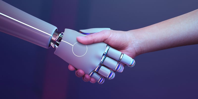 Robot hand stretching a human hand