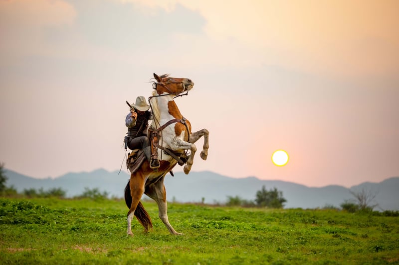 Cowboy riding horse into the sunset
