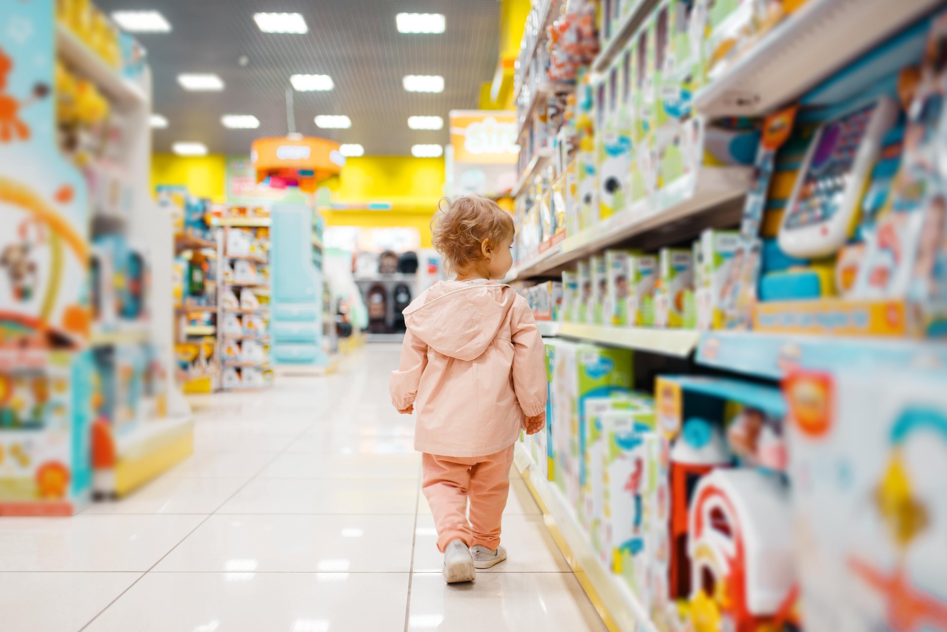 child walking down the aisle of a department store