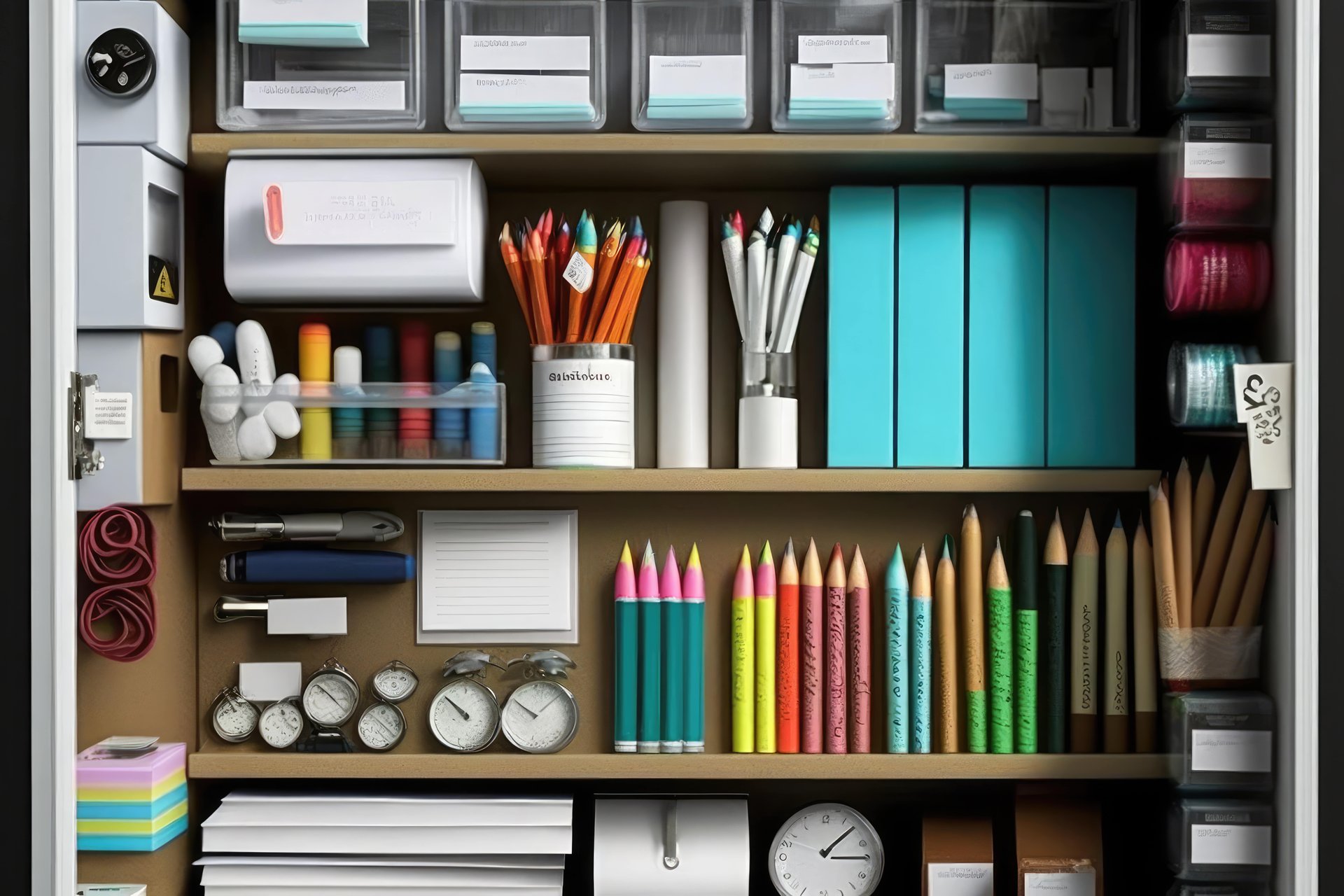 bookshelf with various office items