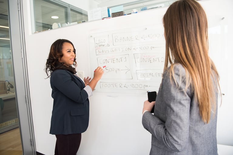 Two female marketers strategizing in a white board
