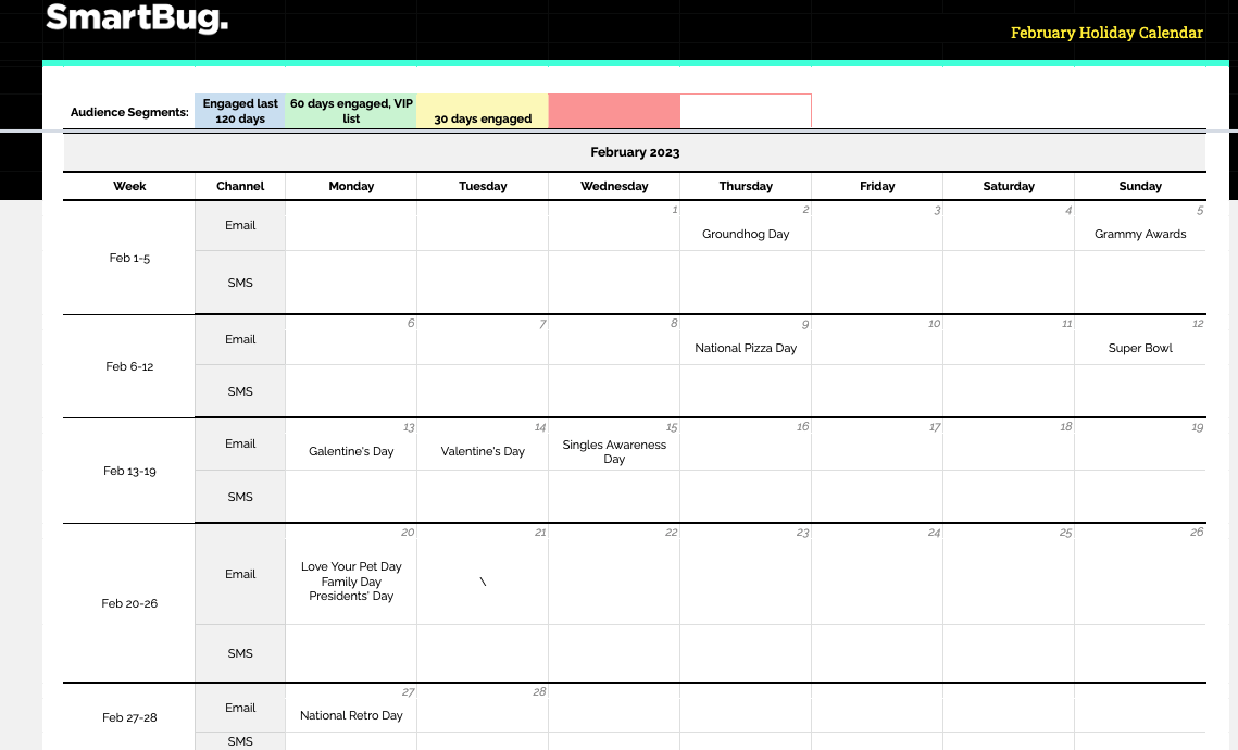 Example of valentine's campaign calendar template