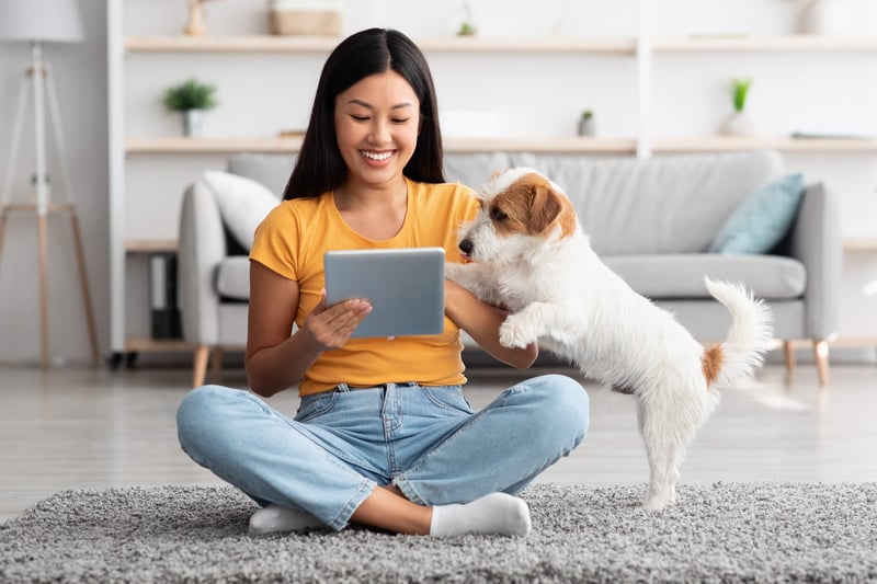 Young woman typing on laptop with dog at her side