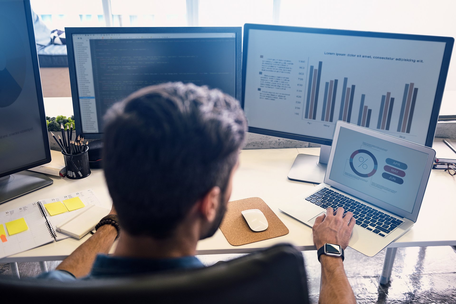 Employee working with multiple monitors