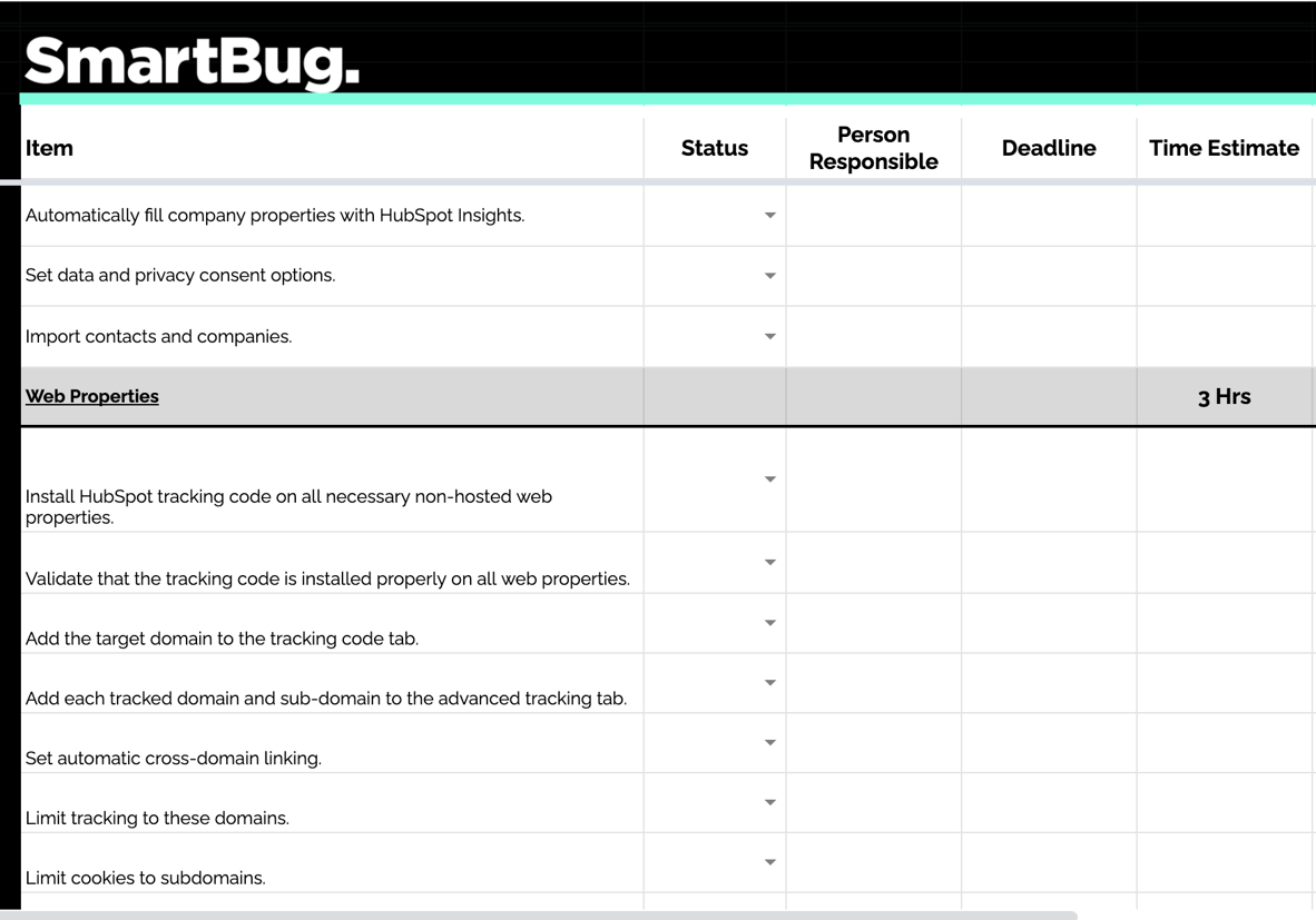 Spreadsheet of HubSpot Implementation Checklist