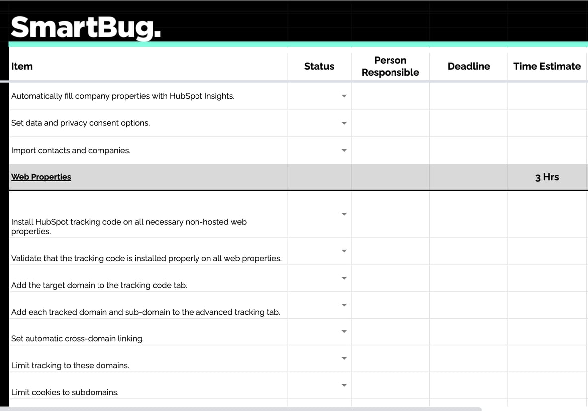 Spreadsheet of HubSpot Implementation Checklist