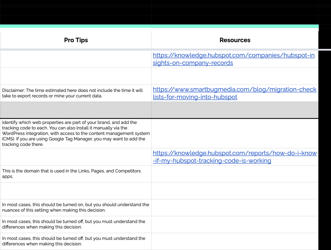 Spreadsheet of columns including pro tips and resources