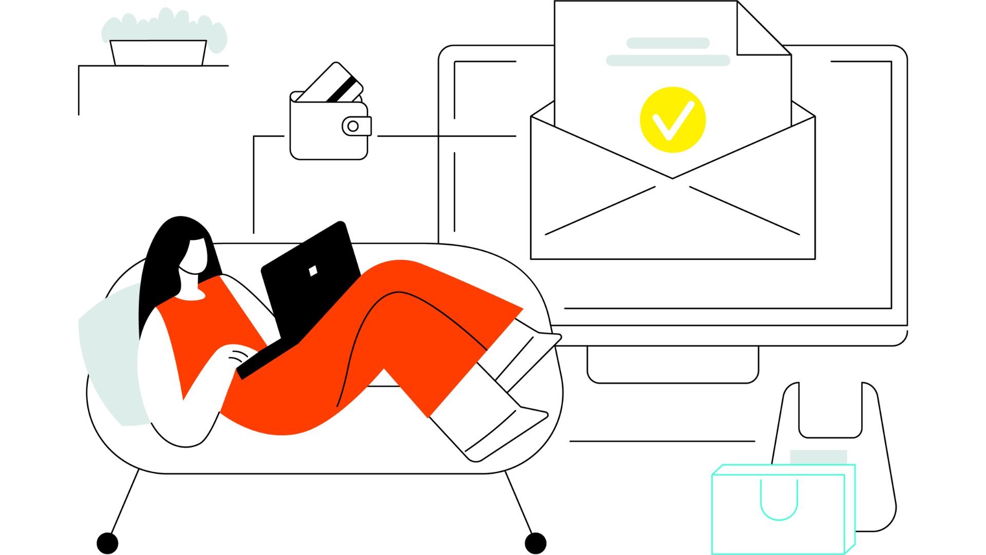 illustration of a person sitting on the couch with their laptop